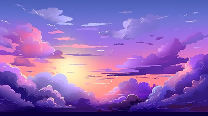 Evening cloudy sky purple. Anime style background with shining sun and white fluffy clouds. Sunny day sky scene cartoon vector illustration.