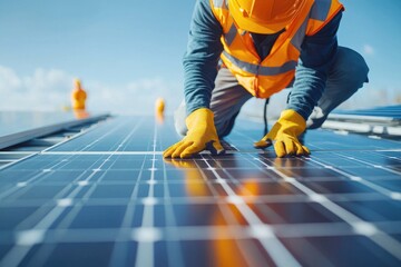 A worker wearing safety gear is placing solar panels on the roof of an office building, energy and sustainable power technology