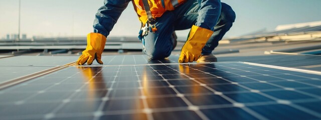 A man in a yellow safety vest is kneeling on a solar panel, green energy and sustainable power technology