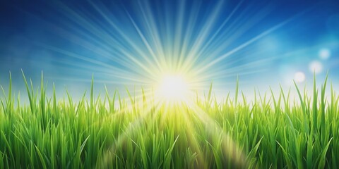 Obraz premium Bright sun shining over blades of grass in the foreground, sun, bright, shining, grass, blades, foreground, nature