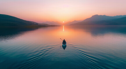 Fototapeta premium A kayak is in the lake with the sun setting in the background. Serenity and tranquility.