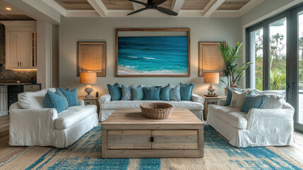 Soft sandy colors and marine-themed decor transform this room into a tranquil retreat reminiscent of a beach getaway.
