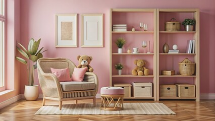 Fototapeta premium Pink living room with teddy bear on armchair, rattan furniture, framed art, bookshelf