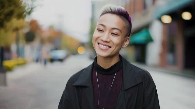 Non-binary Asian woman smiling on a street