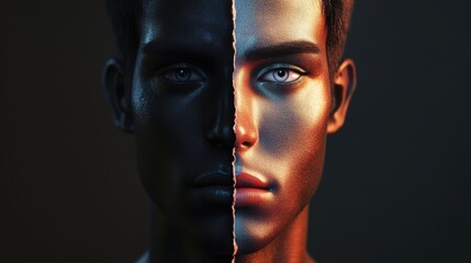 Dual Personality - 3D Illustration of a Face Split into Light and Dark Sides with Contrasting Expressions