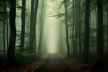 Obraz premium Enchanted Forest Path with Mist and Light Breaking Through Trees