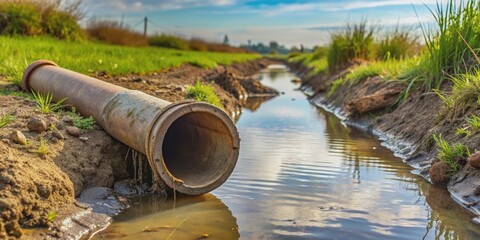 A broken watering pipe submerged in a ditch , damaged, leak, water, irrigation, maintenance, repair, fix, broken, soil