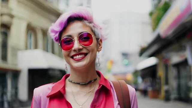 LGBTQ LGBT woman smiling happy on a street