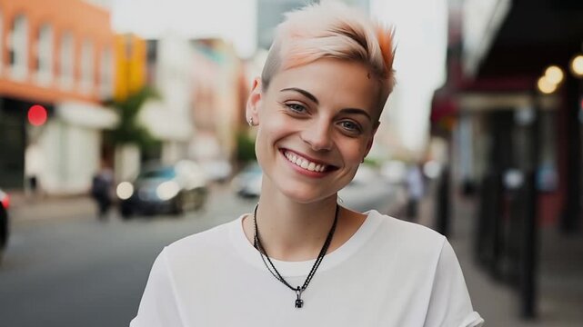 LGBT LGBTQ woman smiling on a city street