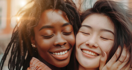 Fototapeta premium Interracial lesbian LGBTQ couple with long hair and smiling. Concept of inclusivity.