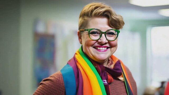 LGBT LGBTQ woman with rainbow flag in an elementary school classroom