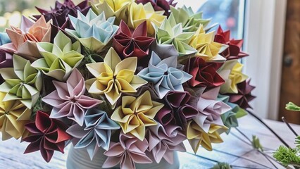 Colorful origami flowers stacked in a vase, origami, flowers, colorful, stack, vase, bloom, paper art, decoration, craft