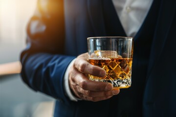 Professional businessmen in close up, holding a glass of whiskey in a corporate setting