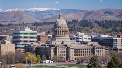 Obraz premium Idaho State Capital Building visible through cityscape in Boise, Boise, Idaho, State Capital, building, architecture