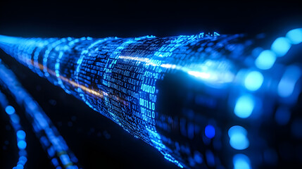 Digital Pipeline Shape Vibrant blue matrix binary code Isolated on black background.