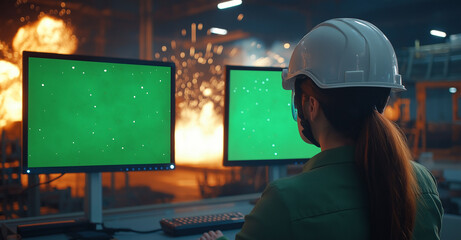 Caucasian Female Technician In Hardhat Working on a Desktop Computer with Green Screen Chromakey Mock-Up Display in a Factory Office. Autonomous Technological Research and Development Facility.