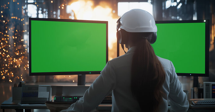 Caucasian Female Technician In Hardhat Working on a Desktop Computer with Green Screen Chromakey Mock-Up Display in a Factory Office. Autonomous Technological Research and Development Facility.