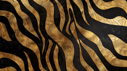 Abstract gold and black animal print with flowing zebra stripes pattern