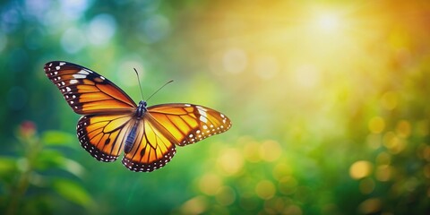 Obraz premium Beautiful butterfly in flight against background, butterfly, blue, yellow, orange, flying, beauty, wings, insect