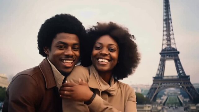 Black African couple smiling at Paris Eiffel Tower