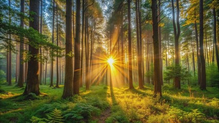 Sunrise making its way through the trees in a lush forest , Dawn, sunlight, morning, trees, forest, nature, tranquility