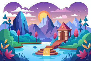 Naklejka premium A small house by a lake in a mountainous landscape under a night sky