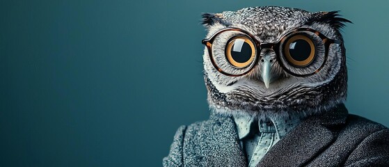 Owl in a business blazer wearing vintage round glasses, soft pastel library background, intellectual business vibe with text copy space