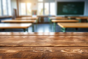 Wooden top with blurred empty classroom background can be used for mocking up or display product to make advertising.