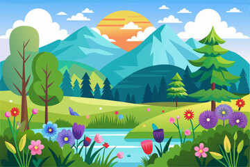 A Mountainous Landscape with a Stream and Blooming Flowers