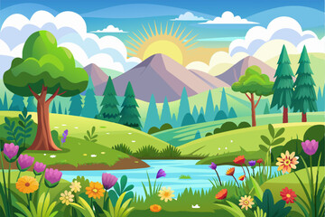 Fototapeta premium A Serene Landscape with a River Flowing Through Lush Green Hills and Forests under a Sunny Sky