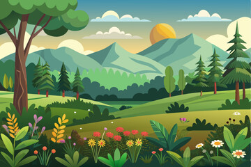 Obraz premium Mountainous Landscape with Green Trees and Sun Setting Behind the Hills