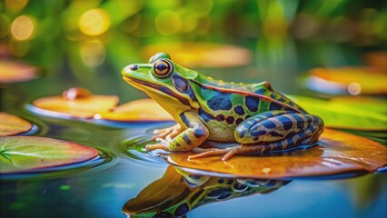 Close-up of a colorful frog sitting on a lily pad in a pond , amphibian, wildlife, nature, green, pond, water, tropical, cute