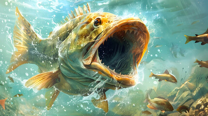 Ferocious underwater predator with gaping mouth and sharp teeth aggressively chasing and consuming its smaller prey in the deep blue ocean