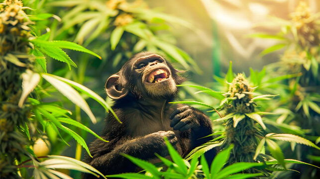 Delighted Primate Amidst Abundant Cannabis Plants in Flourishing Natural Habitat  Curious and playful monkey exploring a dense lush jungle setting filled with vibrant green cannabis foliage