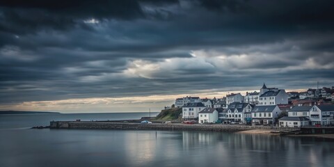 Fototapeta premium Abstract of a coastal town beneath a sky , coastal, town, sea, ocean, beach, village, buildings, clouds, sky, scenic