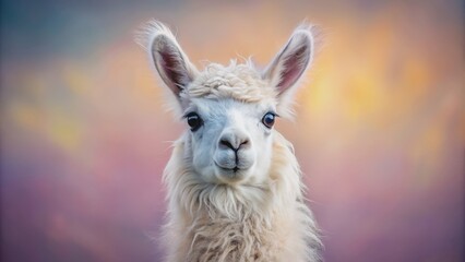 Fototapeta premium Cute face llama with fluffy fur looking directly at the camera on a soft pastel background, llama, cute, fluffy, animal, portrait