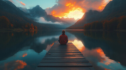 person sitting on wooden dock looking at the beautiful scenery