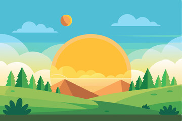 Obraz premium A Cartoon Landscape with a Setting Sun and Mountain Ranges