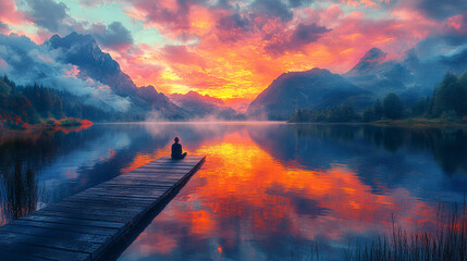 person sitting on wooden dock looking at the beautiful scenery