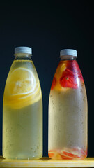 Lemon and strawberry fruits flavored infused water. Summer refreshing drink. Health care, fitness, healthy nutrition