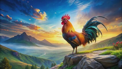 Fototapeta premium Vibrant painting of a rooster standing proudly on a mountain , rooster, animal, painting, art, colorful, vibrant, nature
