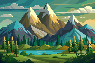 Majestic Mountain Range with a Serene Lake and Forest in the Foreground