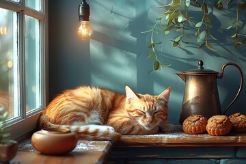 A cat is sleeping on a wooden shelf next to a teapot and a bowl