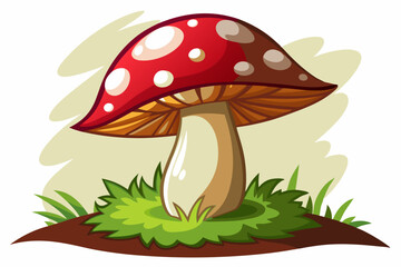 Cartoon Illustration of a Red and White Spotted Mushroom with a Brown Stem and Green Grass