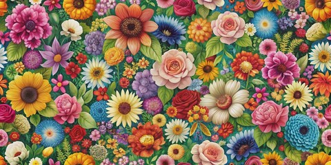 Seamless, dense floral pattern with a variety of colorful flowers and blooms for creative backgrounds, flowers, floral
