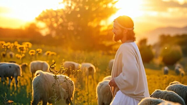  Jesus walk among hoard of sheep with morning light 