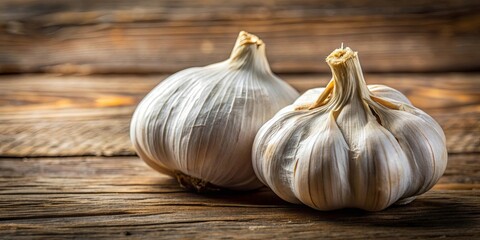 Obraz premium Close-up of two plump garlic cloves with dry, papery skin on a wooden table, garlic, cloves, close-up, rustic, wooden, table