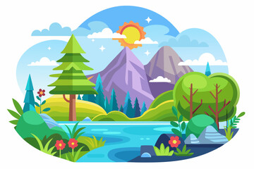 Fototapeta premium A Colorful Landscape with a Lake, Mountains, Trees, and Flowers