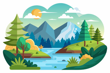 A Flat-Style Illustration of a River, Mountains, and Trees