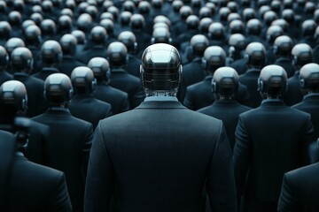 Fototapeta premium shot from behind, crowd of robotic people with their leader, all turning their backs to the camera, symbolizing the dehumanization and mechanization of society in a dystopian political setting